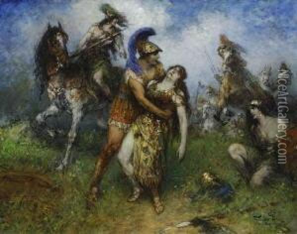 Achilles Mit Der Sterbenden
 Amazonenkonigin Penthiselea. Oil Painting - Ferdinand Leeke