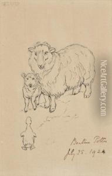 A Ewe And Lamb Meet A Duckling Oil Painting - Helen Beatrix Potter