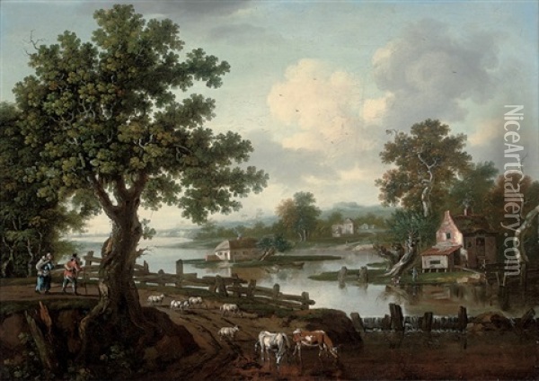 A Wooded River Landscape With Drovers And Their Animals On A Track Oil Painting - William Tomkins