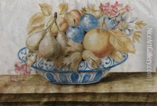 Pere, Susine, Albicocche, Unapesca E Fiori In Un Piatto Di Ceramica Oil Painting - Octavianus Montfort