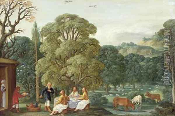 Abraham entertaining the Three Angels Oil Painting - Johann Konig