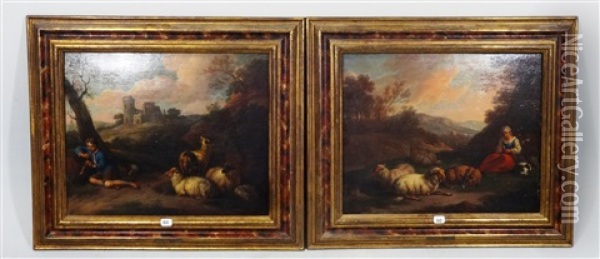 Berger Et Bergere Gardant Leur Troupeau De Moutons Oil Painting - Martinus De La Court