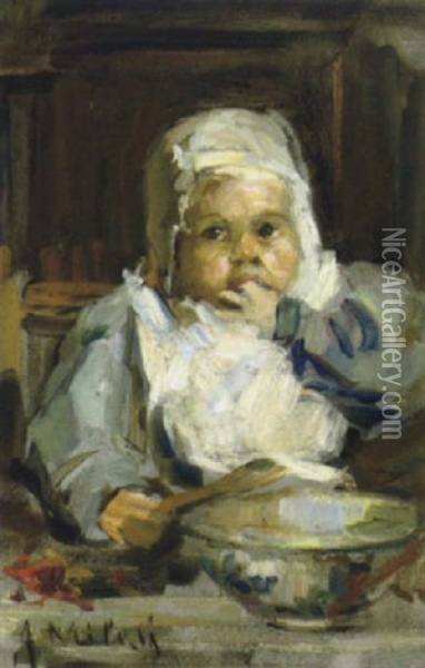 Kleinkind Vor Der Suppenschussel Oil Painting - Alessandro Milesi