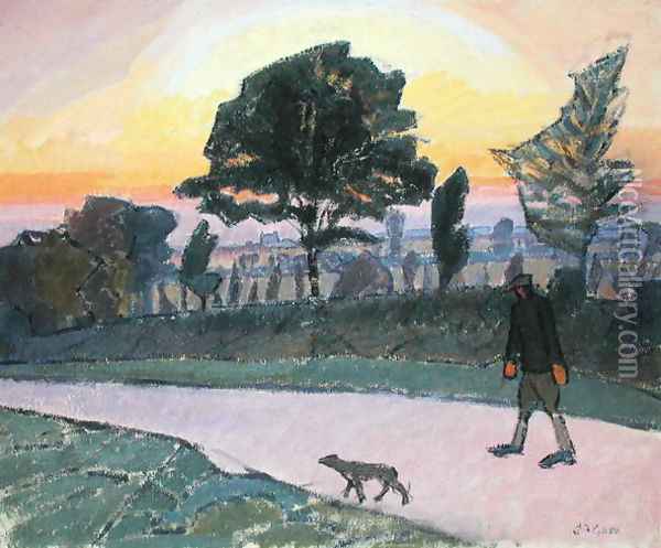 Sunset Letchworth with Man and Dog Oil Painting - Spencer Frederick Gore