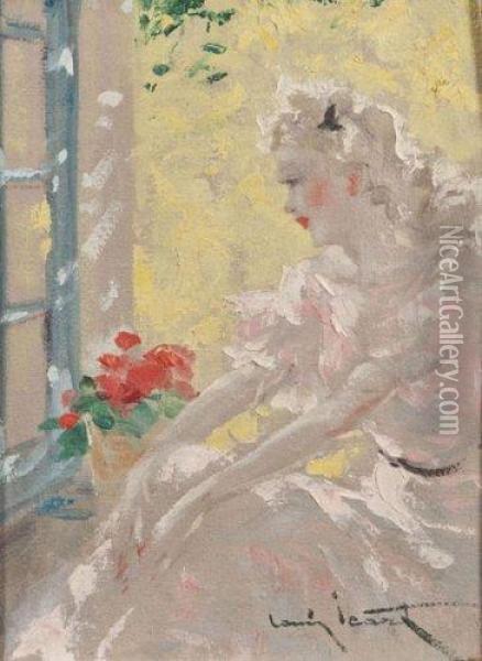 Jeune Femme Au Bouquet Oil Painting - Louis Icart
