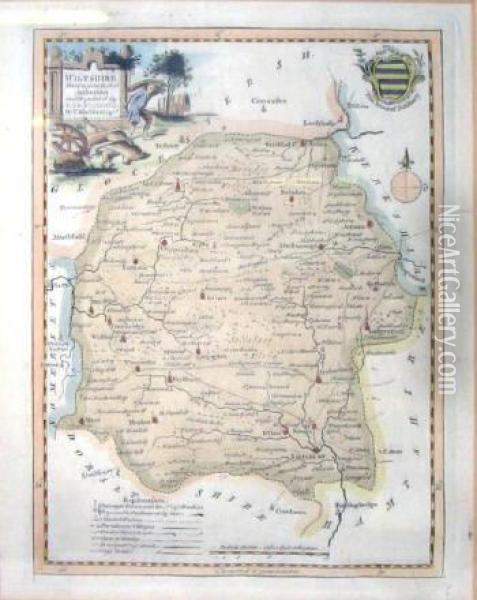 'map Of Wiltshire', Handcoloured Engraving, 22.5cm X 17cm, Frame, Plus Four Various County Maps Oil Painting - W. Kitchin