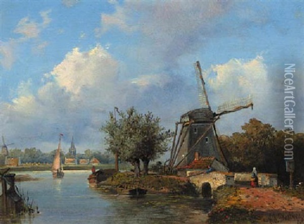 A Windmill Along A Canal With A Town In The Distance Oil Painting - Johannes Joseph Destree