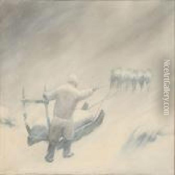 Inuit With A Dog Sledge In A Snow Storm Oil Painting - Emanuel A. Petersen