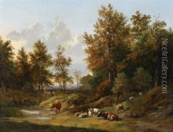 Rustend Vee In Boomrijk Landschap Oil Painting - Pieter Gerardus Van Os