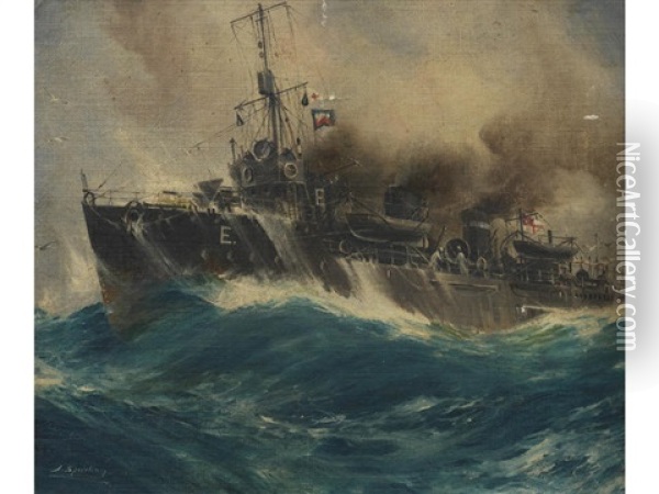 Battleship In Stormy Waters Oil Painting - Jack Spurling