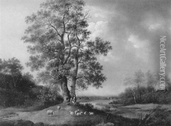 Landschaft Mit Einem Hirtenpaar Bei Einem Baum Mit Ihren Schafen Oil Painting - Marinus Adrianus Koekkoek