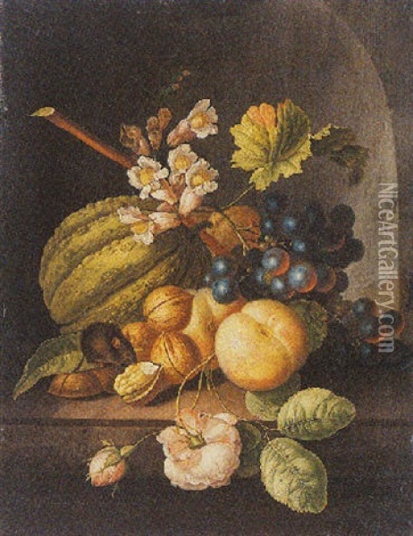 A Still Life Of A Melon, Peaches, Grapes, Walnuts, A Rose And Other Flowers With A Mouse, All In A Stone Niche Oil Painting - Johannes Christianus Roedig