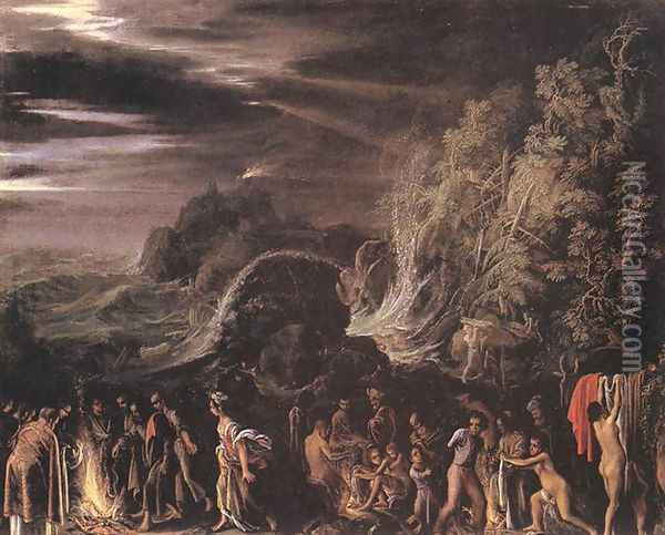 St Paul at Malta c. 1600 Oil Painting - Adam Elsheimer