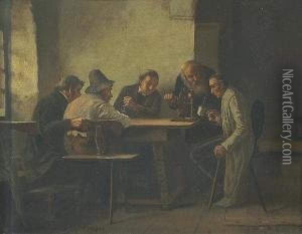 An Interior Scene With Men Conducting An Experiment Oil Painting - Moritzfeuermuller I Muller