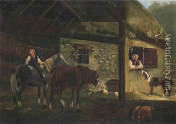 Bauernhof Mit Zwei Pferden Oil Painting - Johann Conrad Gessner