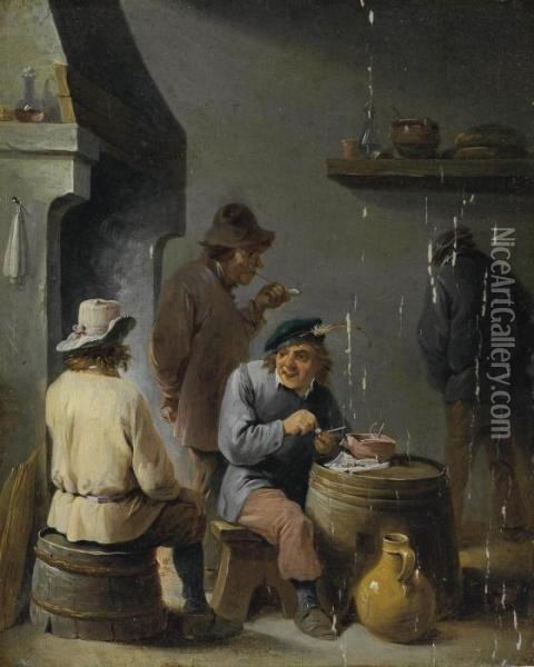Peasants Smoking By A Hearth In An Interior Oil Painting - David The Younger Teniers