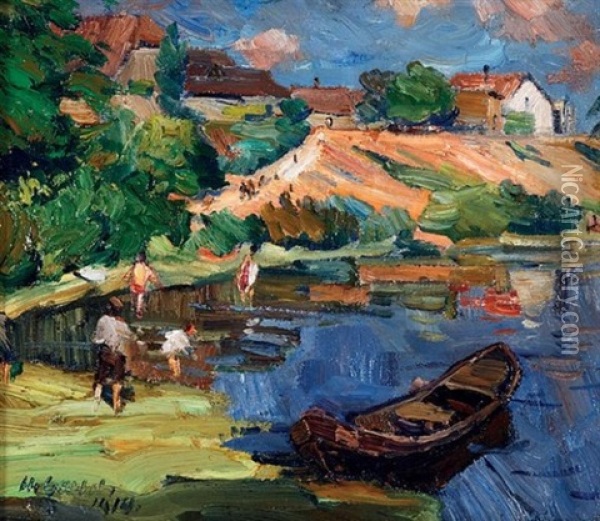 Au Bord Du Lac, Paysage Anime Oil Painting - Hermann Goebel