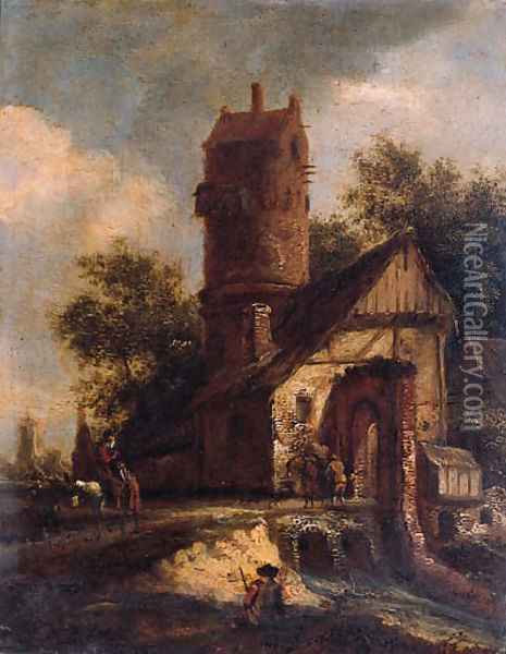 Travellers crossing a torrent by a fortified farmhouse near a dovecote Oil Painting - Roelof van Vries