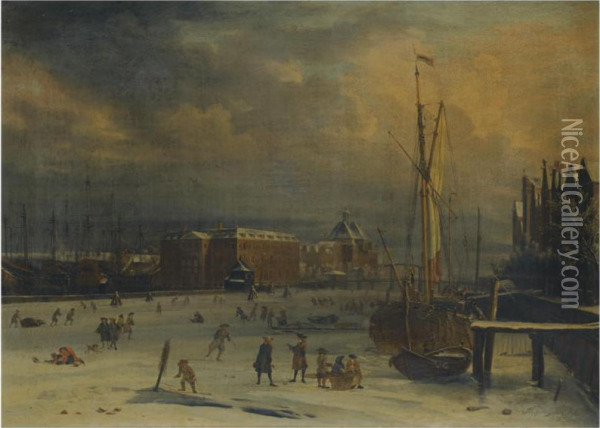Amsterdam, A View Of The 's Lands Zeemagazijn In Winter Oil Painting - Aelbert Meyeringh