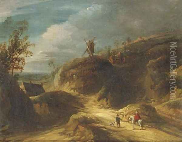 A mountainous landscape with travelers conversing on a path, a windmill beyond Oil Painting - Lodewijk De Vadder
