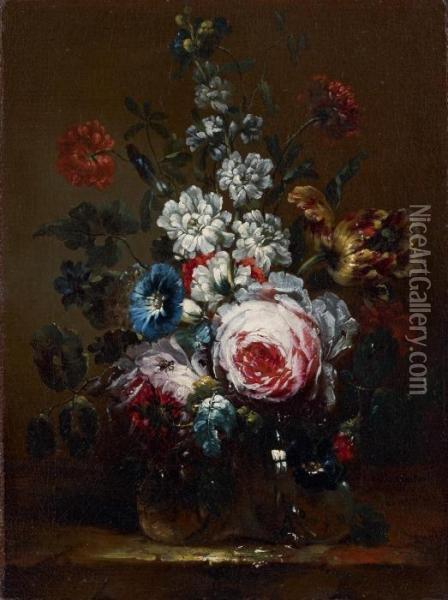Rosen, Winde, Tulpe, Rittersporn Und Andere Blumen In Einer Glasvase Oil Painting - Nicolas Baudesson