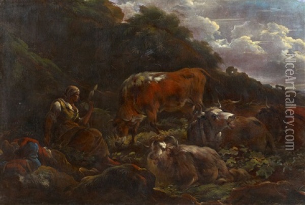 Ruhende Hirten Mit Vieh Oil Painting - Johann Heinrich Roos