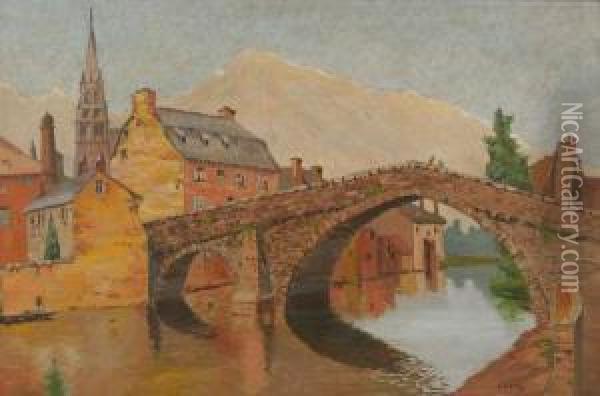 European City Scene With Stone Bridge And Snow Capped Mountains. Oil Painting - Andrew W. Warren