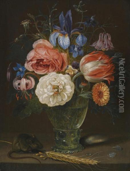 A Still Life Of Flowers In A Roemer With A Field Mouse And An Ear Of Wheat Oil Painting - Clara Peeters