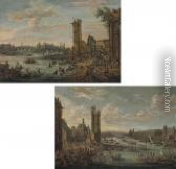 A View Of The Pont De L'isle De La Cite And The Tour Des Nesle From The Left Bank, Paris Oil Painting - Peeter Bout