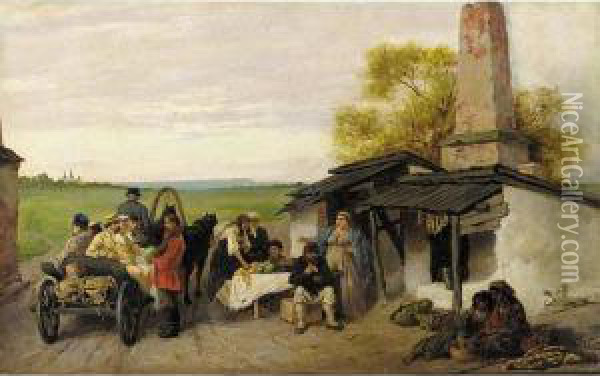 City Travellers Being Offered Fruit At A Ukrainian Roadside Dwelling Oil Painting - Konstantin Aleksandrovich Trutovskii