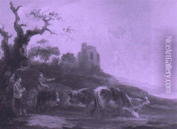 Landscape With A Milkmaid With Cattle Watering Oil Painting - Peter La Cave