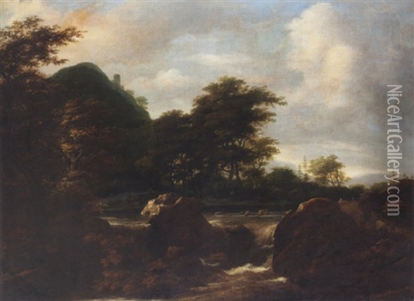 Woodland Landscape With Drovers And Their Animals Beside A Cascade Oil Painting - Jacob Van Ruisdael