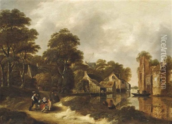 A Wooded River Landscape With Travellers Resting On A Track And Anglers On The Bank, A Village Beyond Oil Painting - Nicolaes Molenaer