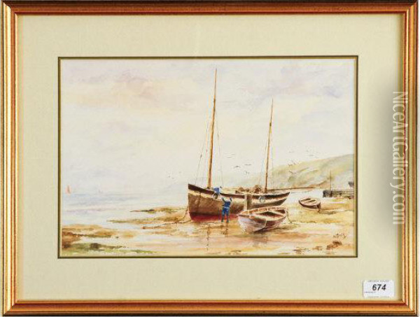 Coastal Scene, 
Fishing Boats Oil Painting - William Bray