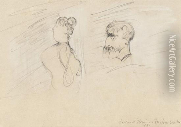 2 Caricature Sketches Of A Matronly Woman And Moustachioedelderly Man On One Sheet Oil Painting - Henri De Toulouse-Lautrec