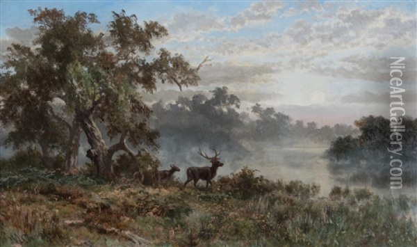 River Scene With Deer Oil Painting - James Waltham Curtis