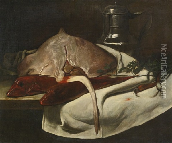 Nature Morte A La Pastenague Et Aux Mulets Rouges (still Life With Sting Ray And Red Mullets) Oil Painting - Francois Bonvin