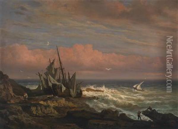 Fishermen On The Coast Oil Painting - Carlo Brioschi