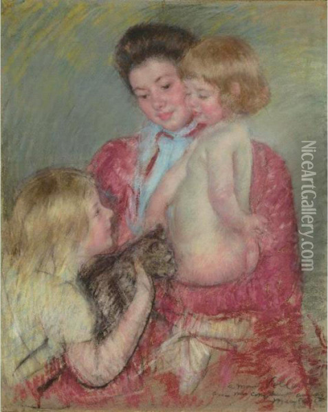 Reine Lefebvre With Blond Baby And Sara Holding A Cat (maternite) Oil Painting - Mary Cassatt