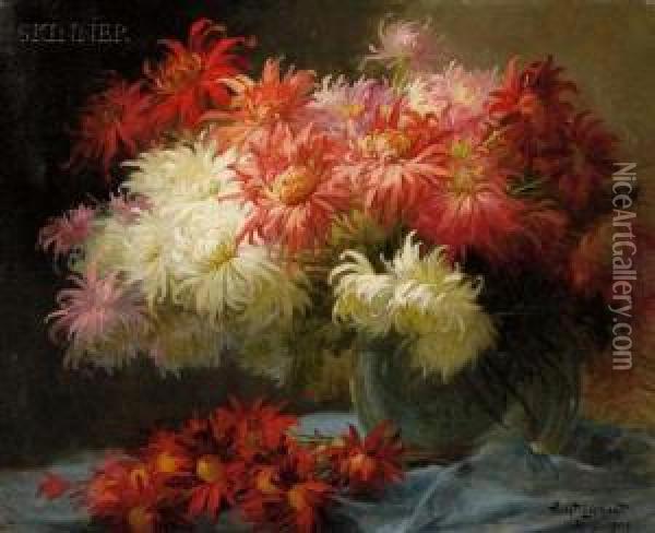 Still Life With Chrysanthemums Oil Painting - Privat Livemont
