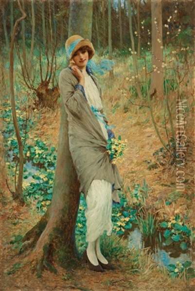 Woman In A Spring Landscape Oil Painting - William Henry Margetson
