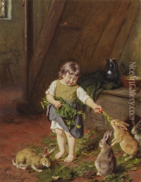 Girl Feeding Rabbits Oil Painting - Felix Schlesinger