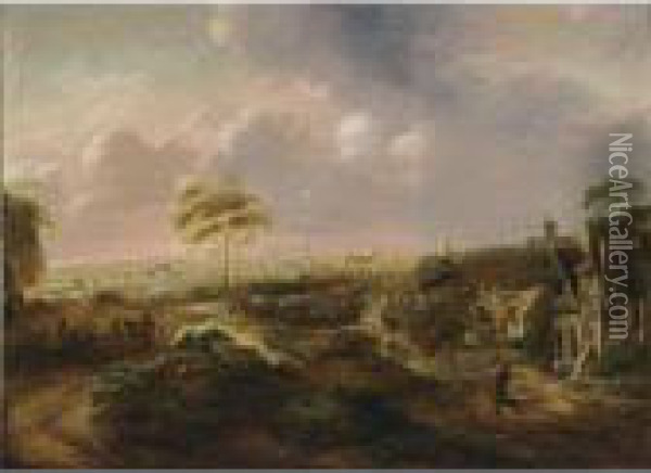 A Landscape With Travellers On A Path Near Houses, A View Of A City Beyond Oil Painting - Salomon Rombouts