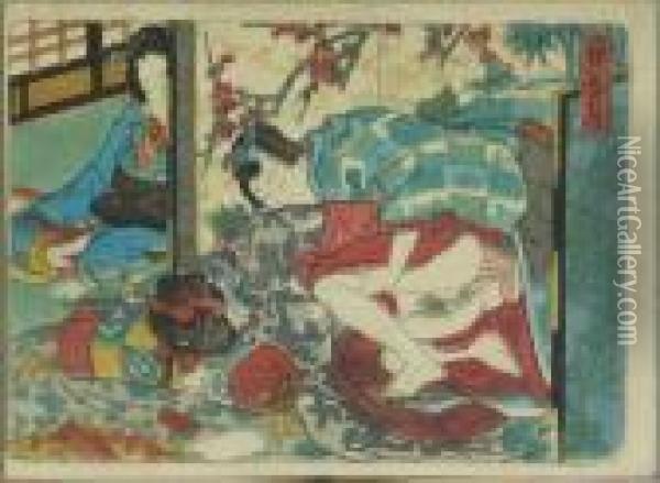 Kunisada, Utagawa Zugeschrieben.
 Prinz Genji Und Geliebte, Belauscht Von Einer Hofdame, Japan, Um 1845 Oil Painting - Kunisada