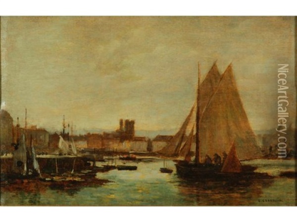 Bateau De Peche Dans Le Port De Dieppe (+ Sans Titre (sketch), Verso) Oil Painting - Pierre Eugene Grandsire