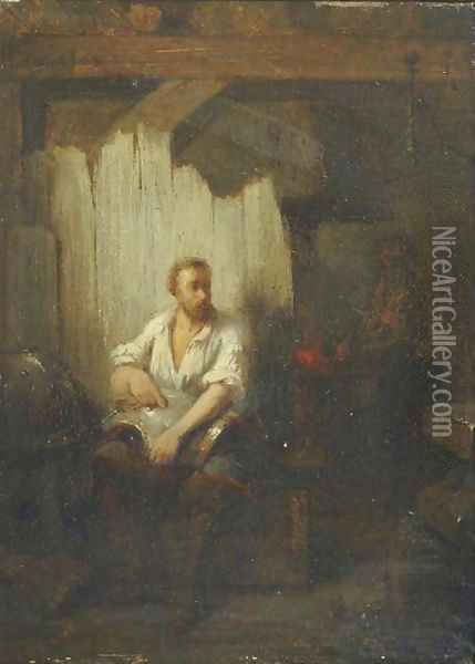 A blacksmith polishing armour in his workshop Oil Painting - Hendricus Johannes Scheeres