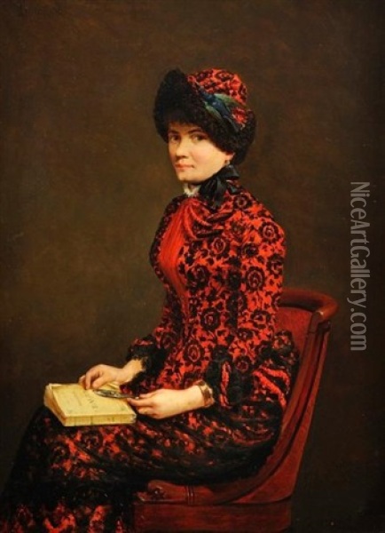 Portrait De Jeanne Rozerot, Compagne D'emile Zola, Tenant Un Exemplaire Du Roman Therese Raquin Oil Painting - Antoine Auguste Thivet