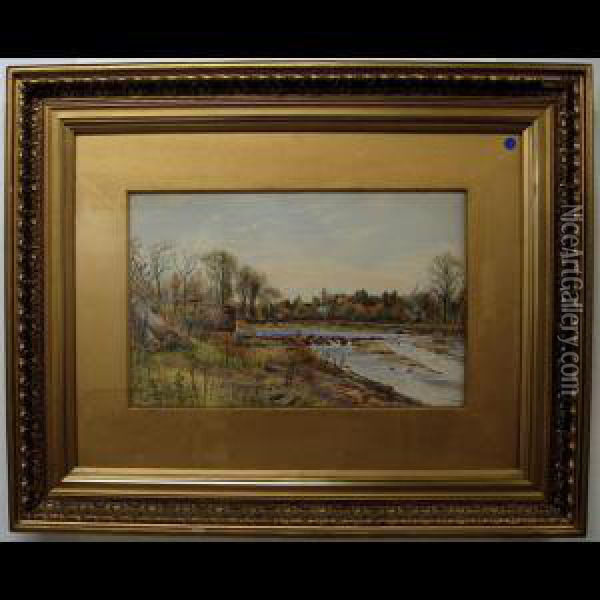 Riverscape With Cattle And Houses Oil Painting - Joseph Thomas Rolph