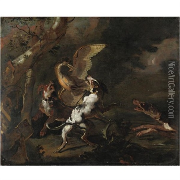 Scena Con Cani Che Cacciano Un Uccello Oil Painting - Abraham Danielsz Hondius