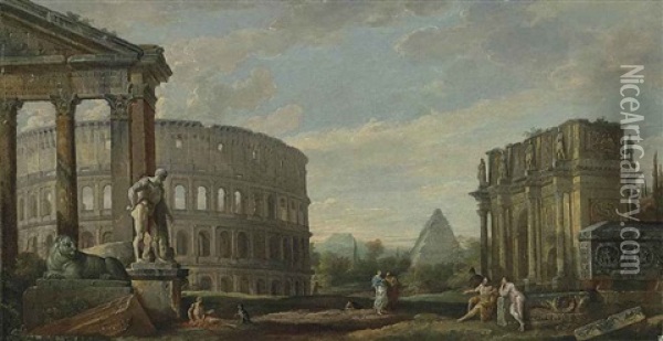 An Architectural Capriccio With The Colosseum, The Arch Of Constantine, The Pyramid Of Cestius, The Portico Of Octavia, The Farnese Hercules... Oil Painting - Giovanni Paolo Panini